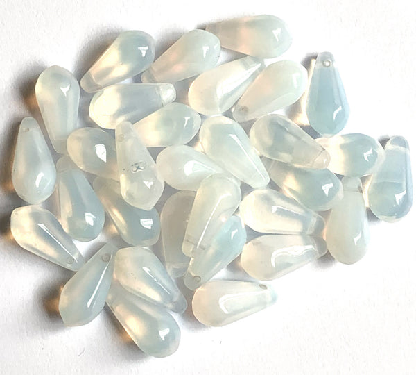 Ten large Czech glass teardrop beads - 9 x 18mm milky white opal pressed glass side drilled faceted drops six sides C0045