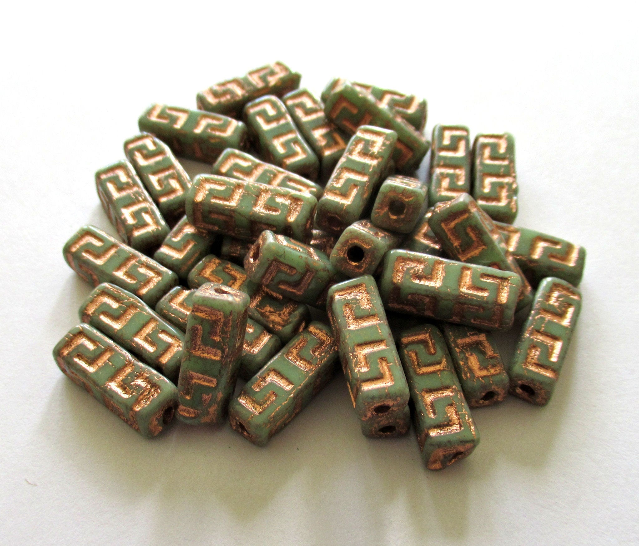 Block Beeds 12 Czech glass beads - squared tube beads - Celtic block beads - moss ...