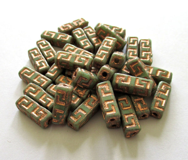 12 Czech glass beads - squared tube beads - Celtic block beads - moss green with a copper wash - 15 x 5mm C00001