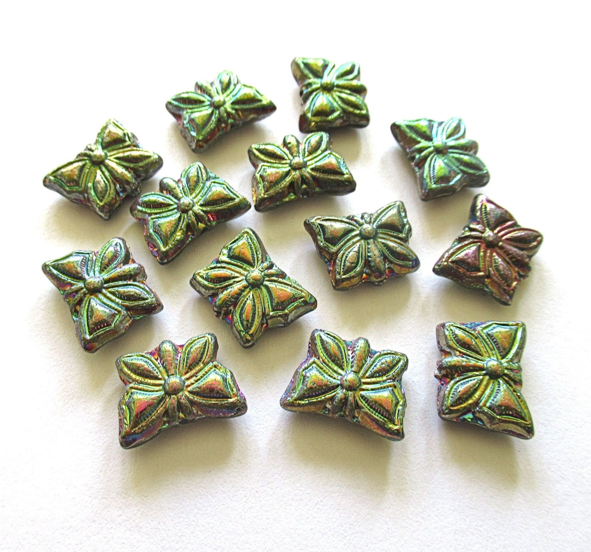 Eight Czech glass butterfly beads - metallic blue purple & green rainbow - 15 x 12mm pressed glass beads C0097