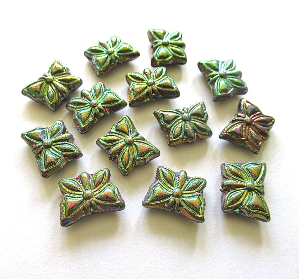 Eight Czech glass butterfly beads - metallic blue purple & green rainbow - 15 x 12mm pressed glass beads C0097