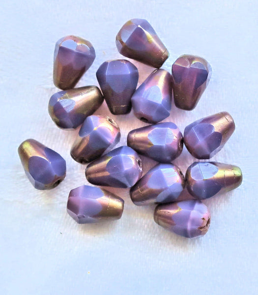 Lot of 15 8 x 6mm Czech glass teardrop beads - opaque purple silk with a bronze accents - special cut, faceted, firepolished beads C04101 - Glorious Glass Beads