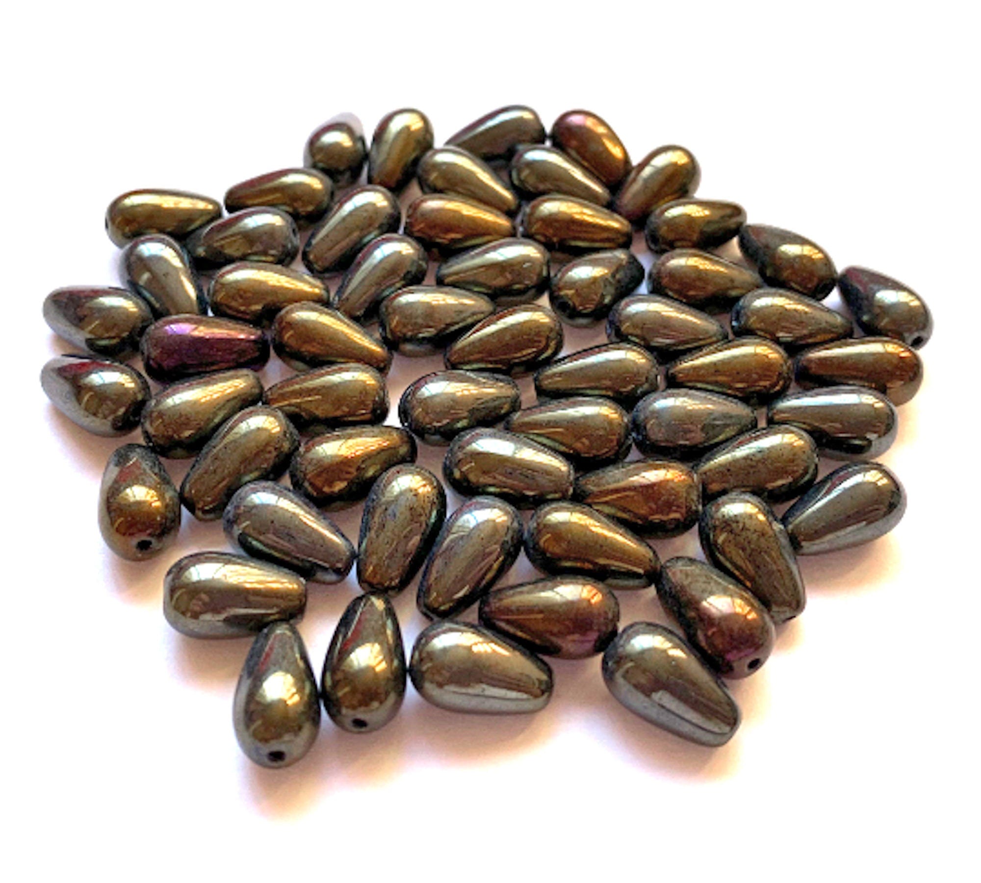 Lot of 25 10 x 6mm Czech glass brown iris teardrop beads - center drilled smooth drop beads C0034