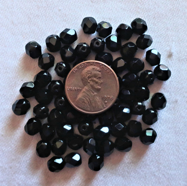 Lot of 25 6mm Jet black Czech glass beads - firepolished faceted round glass beads C1301