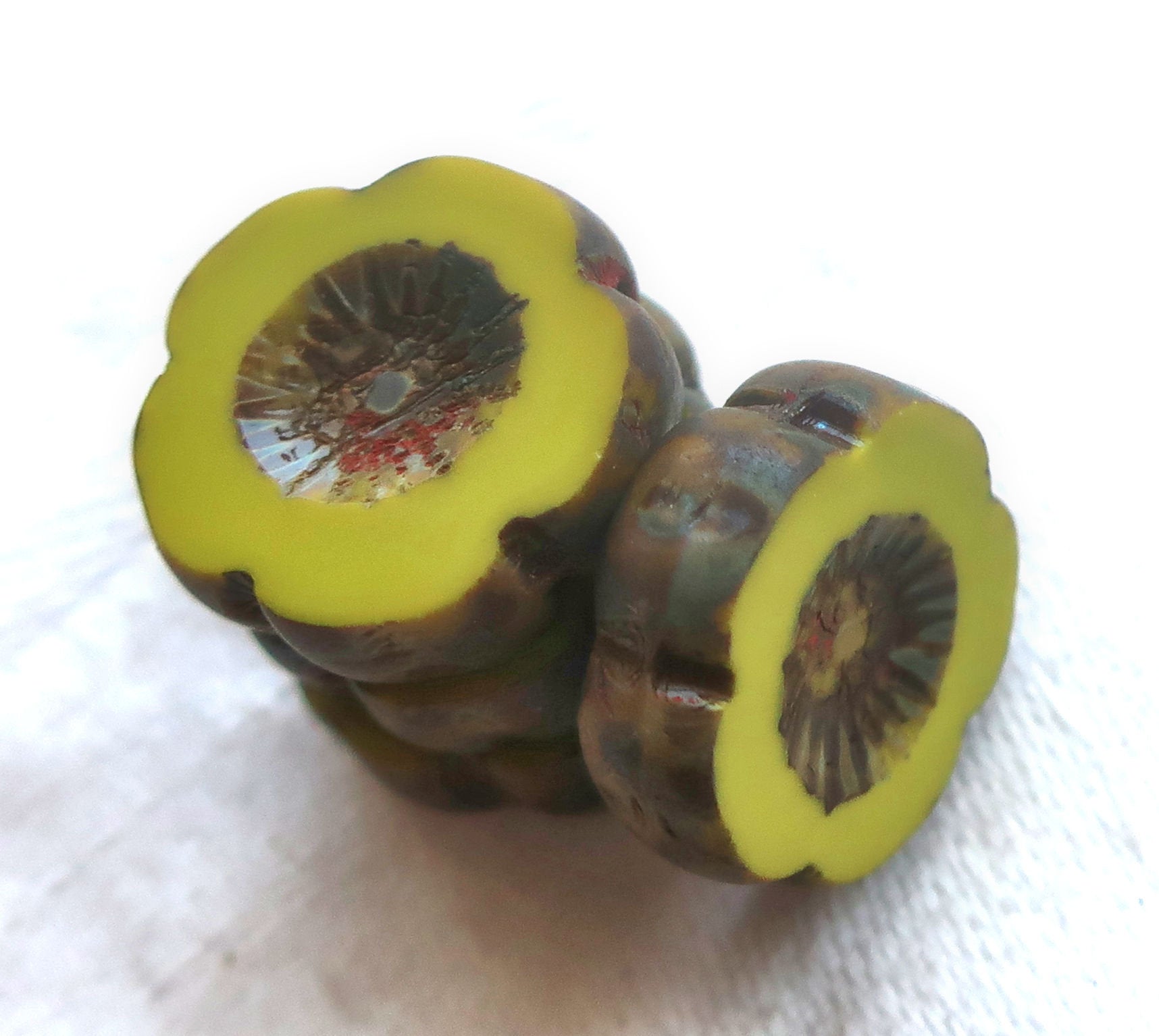 Five 14mm Czech glass beads; Hawaiian Flower beads, table cut, carved, opaque bright avocado, chartreuse green picasso floral beads C00101 - Glorious Glass Beads