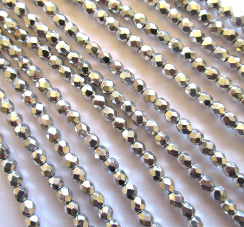 Lot of 50 4mm metallic silver Czech glass beads - round, faceted fire polished beads C0027