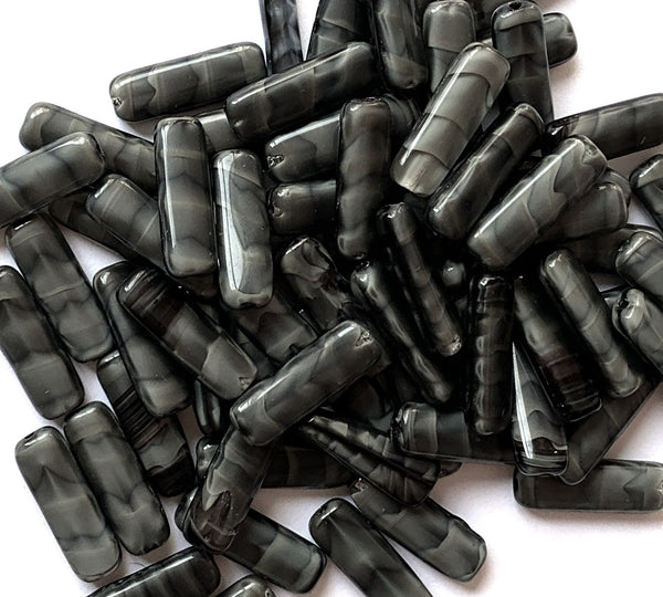 15 Czech glass flat tube beads - 6 x 17mm marbled, striped black and gray beads C0311