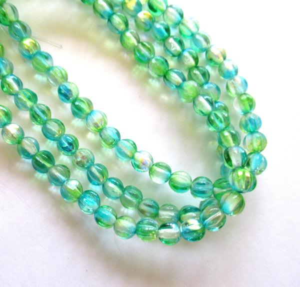 Lot of 25 6mm Czech glass melon beads - transparent blue green with an ab finish - pressed glass beads C0048