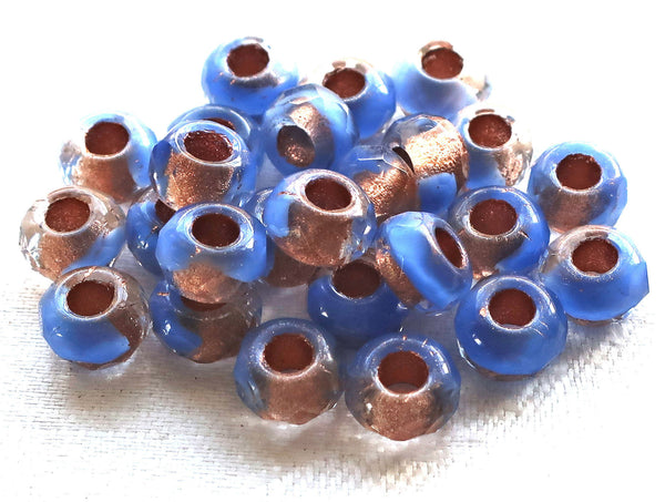 Ten Czech glass roller beads, 9mm x 6mm periwinkle blue & crystal, copper lined, faceted roller, rondelle beads, big 3.5mm hole beads C02110 - Glorious Glass Beads
