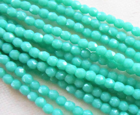 Lot of 50 3mm opaque Turquoise Blue Czech glass beads, firepolished faceted round beads, C1550 - Glorious Glass Beads