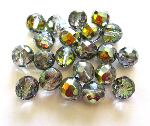 Ten Czech glass fire polished faceted round beads - 12mm crystal clear beads with a silver rainbow marea finish C00901