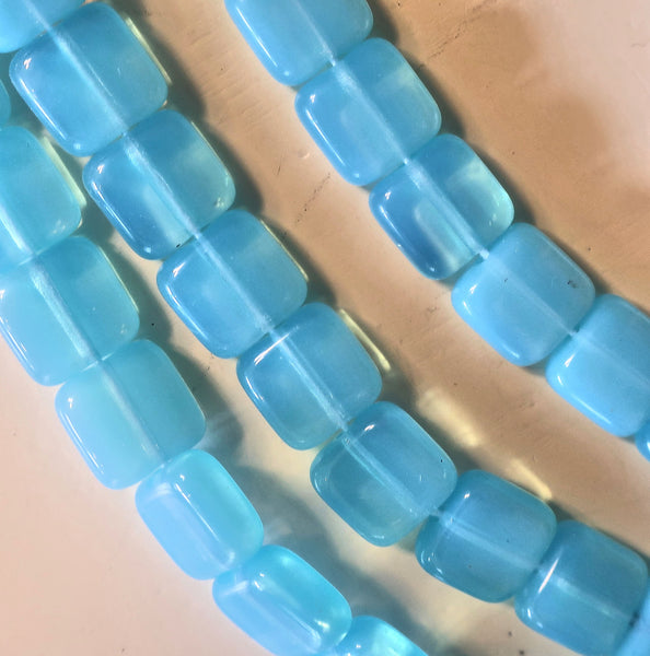 Lot of 25 9mm one hole flat square Czech glass beads - translucent milky aqua blue 96101 - Glorious Glass Beads