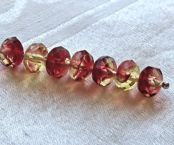 25 Czech glass faceted puffy rondelles, 6 x 8mm transparent champagne yellow & deep pink mix, rondelle beads on sale 57101 - Glorious Glass Beads