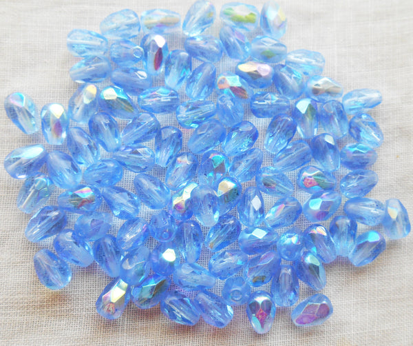 Lot of 25 7 x 5mm Light Sapphire Blue AB teardrop Czech glass beads, faceted fire polished beads C3701