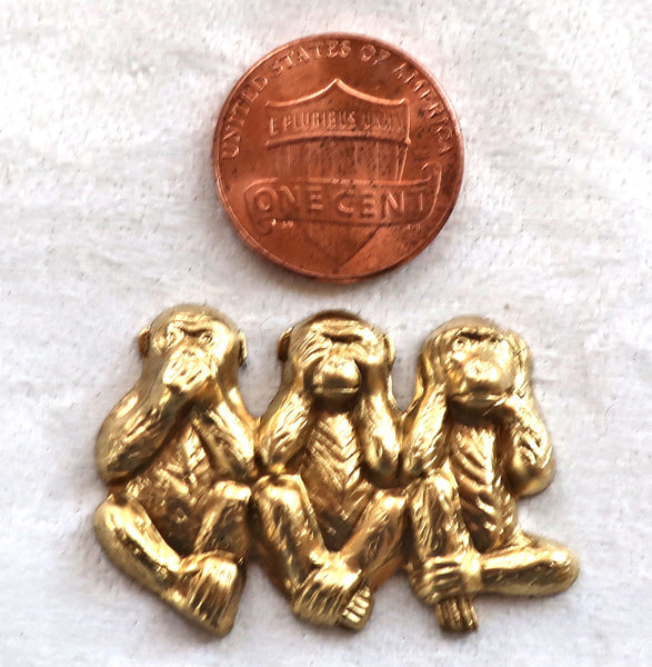 Two sets three monkeys; speak, see & hear no evil monkey raw brass stampings, lucky monkyes pendants, charms, 18.5 x 12mm, USA made C4902 - Glorious Glass Beads