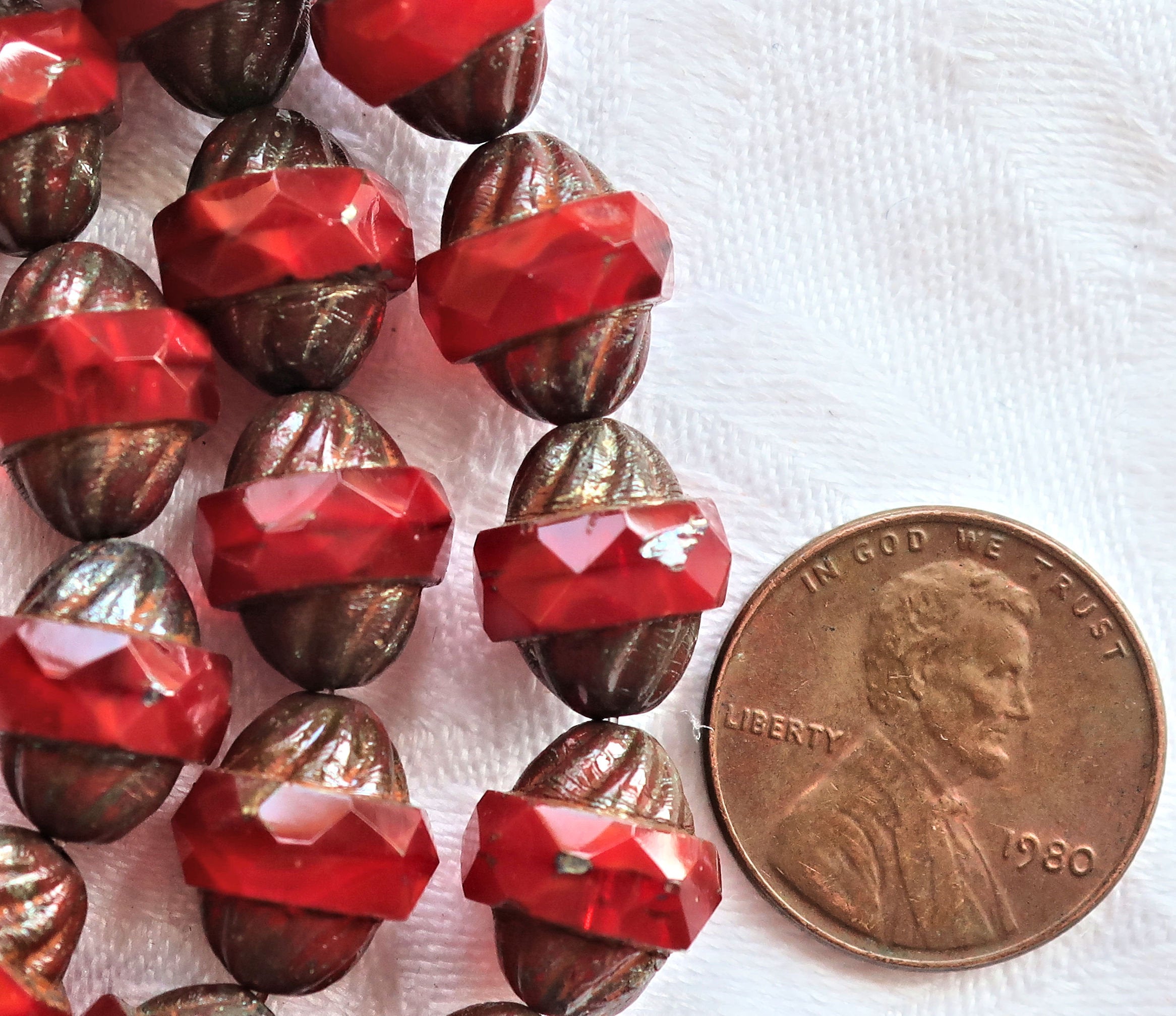 Five Czech glass faceted turbine beads, 11 x 10mm, translucent bright red with a picasso finish C60101 - Glorious Glass Beads