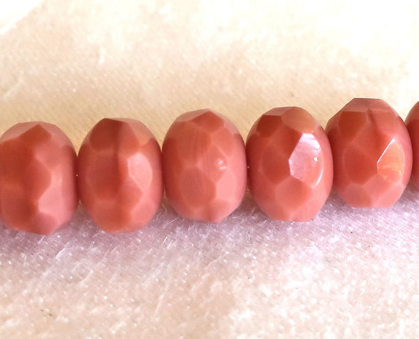 25 Czech glass faceted puffy rondelle beads, 6 x 8mm opaque silky salmon pink rondelles on sale 57101 - Glorious Glass Beads