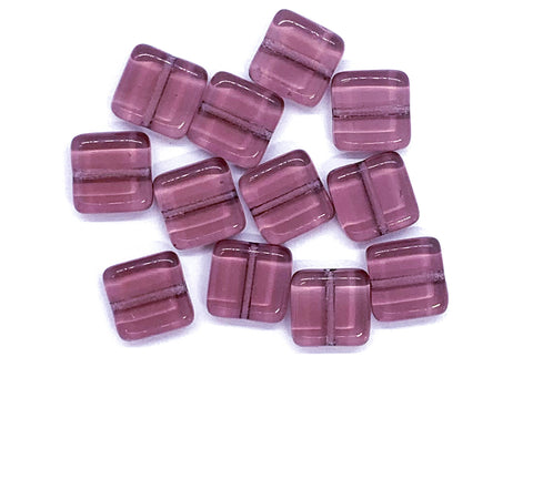 Twenty 9mm square Czech glass beads - transparent purple amethyst pressed glass beads C0004