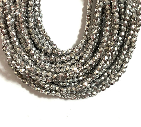 Lot of 50 3mm metallic silver Czech glass beads, round, faceted fire polished beads C0073