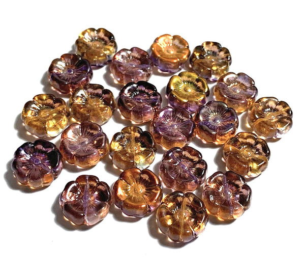 Ten 12mm Czech glass flower beads - orange, purple and gold AB pressed glass flowers - C0111