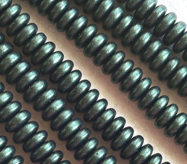 Lot of 50 6mm Czech glass rondelle beads, matte metallic dark forrest green suede flat spacers or rondelles C5701