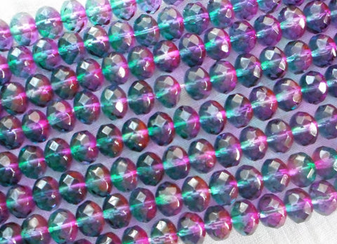 25 6 x 9mm Czech Rainbow Multicolored Pink, Purple, Blue, Green faceted puffy rondelle beads, Czech glass beads C30125