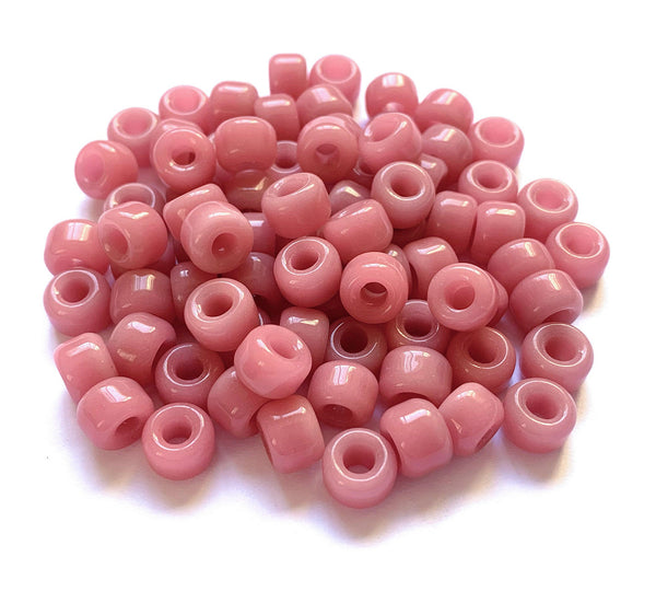 Twenty-five 9mm Czech glass pony, crow, roller beads - translucent milky pink opal large hole beads - C0082