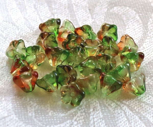 Lot of 25 8mm x 6mm Peach / Pear, orange & green Bell Flower Czech glass beads, multicolor pressed glass beads C5701 - Glorious Glass Beads