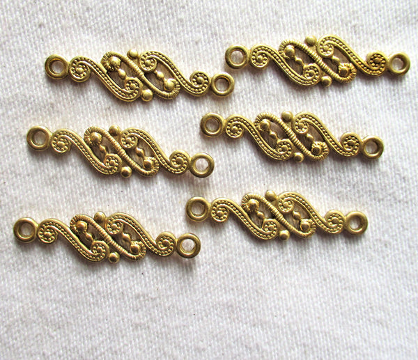 Six raw brass stampings - ornate Victorian connectors with rings - 28mm x 7mm USA made C46102