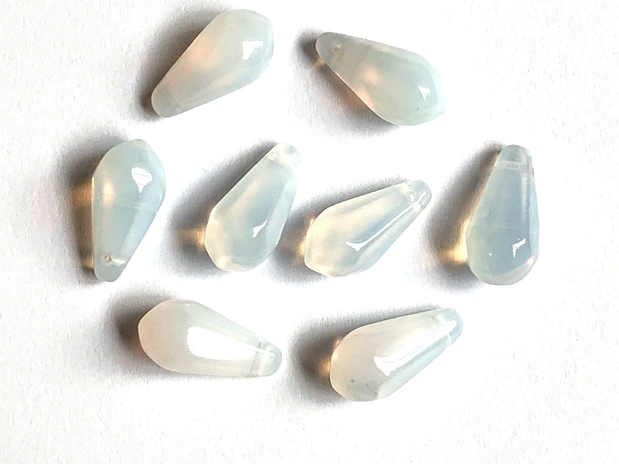 Ten large Czech glass teardrop beads - 9 x 18mm milky white opal pressed glass side drilled six sided drops C0045