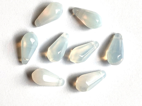 Ten large Czech glass teardrop beads - 9 x 18mm milky white opal pressed glass side drilled faceted drops six sides C0045