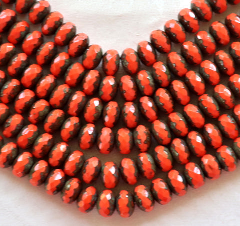 25 6 x 9mm Czech Coral (red / orange) Picasso Faceted Puffy Rondelle Beads, coral colored Czech glass beads C14201