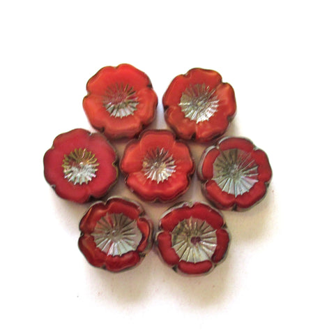 Five 16mm Czech glass flower beads - ,translucent red with a picasso finish - table cut, carved Hawaiian hibiscus beadsC00741