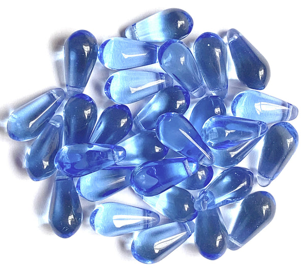 Ten large Czech glass teardrop beads - 9 x 18mm transparent light sapphire blue pressed glass side drilled faceted drops six sides C0008