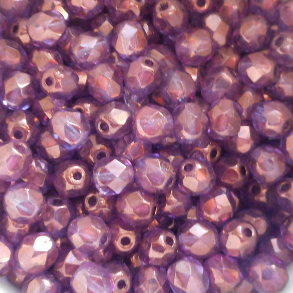 25 6mm Czech glass beads, Lumi Amethyst Purple Iridescent firepolished, faceted round beads C9425