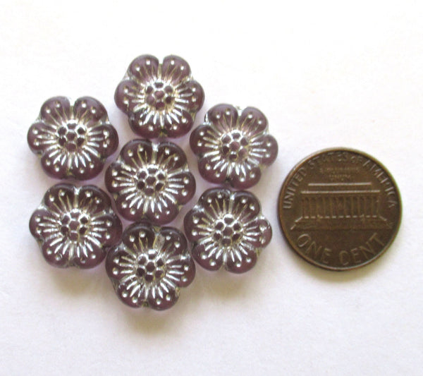 Ten Czech glass wild rose flower beads - 14mm transparent light purple, amethyst floral beads with a silver wash C00501