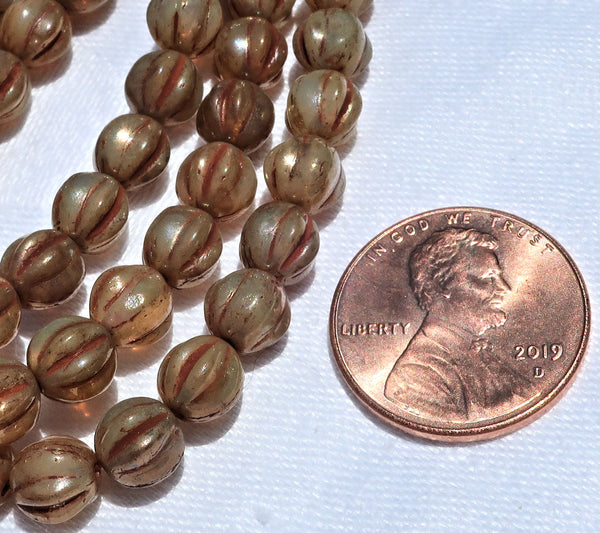 25 Czech 6mm glass melon beads, champagne picasso beads - earthy, rustic pressed glass beads C2701 - Glorious Glass Beads