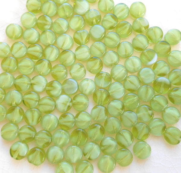 50 6mm Czech glass flat round milky olivine beads, little green white heart coin or disc beads C0094