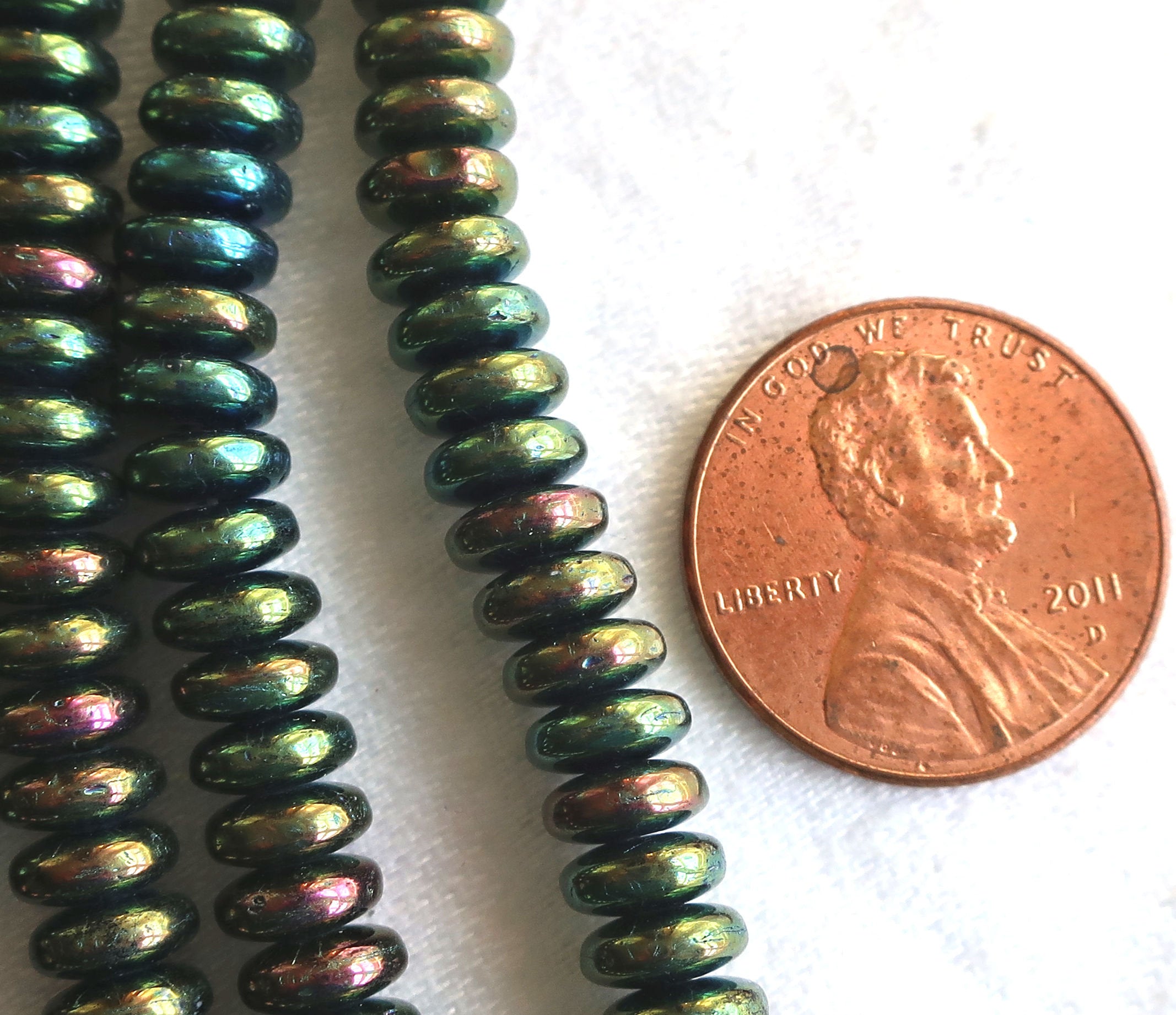Lot of 50 6mm Czech glass rondelle beads, green iris flat spacers or rondelles C0701 - Glorious Glass Beads