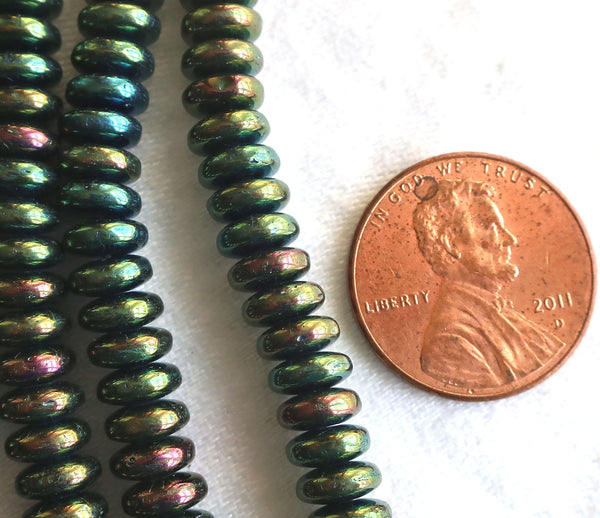 Lot of 50 6mm Czech glass rondelle beads, green iris flat spacers or rondelles C0701 - Glorious Glass Beads
