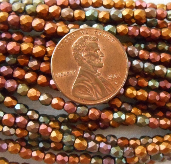 50 3mm Matte Metallic Bronze Iris Czech glass beads, firepolished, faceted round beads in gold tones, C1550