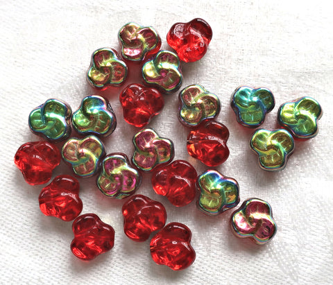 Lot of 25 9mm Czech flat Red Pansy beads, light siam ruby red vitral flower beads C0046