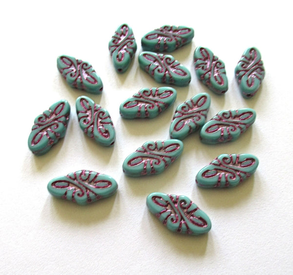 8 Czech glass arabesque beads - 9 x 19mm turquoise green diamond shaped engraved beads with a purple wash - C0049