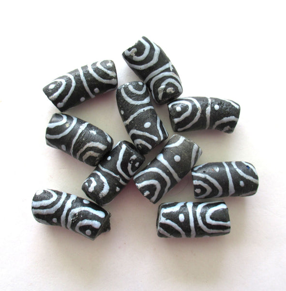 5 African Ghana glass tube beads - curved black beads w/ white zen pattern - large Krobo sand cast big hole rustic beads - C00561