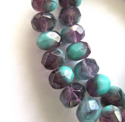 25 Czech glass puffy rondelle beads - 6 x 9mm transparent purple / tanzanite & opaque turquoise blue green color mix faceted rondelles 00662