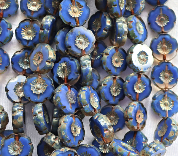 12 Czech glass flower beads - 12mm table cut, carved, sapphire blue & crystal clear picasso Hawaiian floral beads C26101 - Glorious Glass Beads