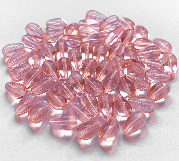 Lot of 25 10 x 6mm Czech glass rosaline pink teardrop beads - center drilled smooth drop beads C0053