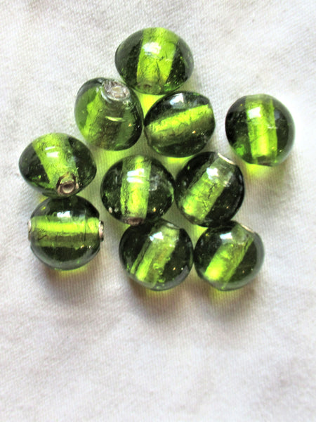 Lot of ten large olivine silver foil glass beads - large oval olive green focal beads - approx 16 x 14mm made in India 06101