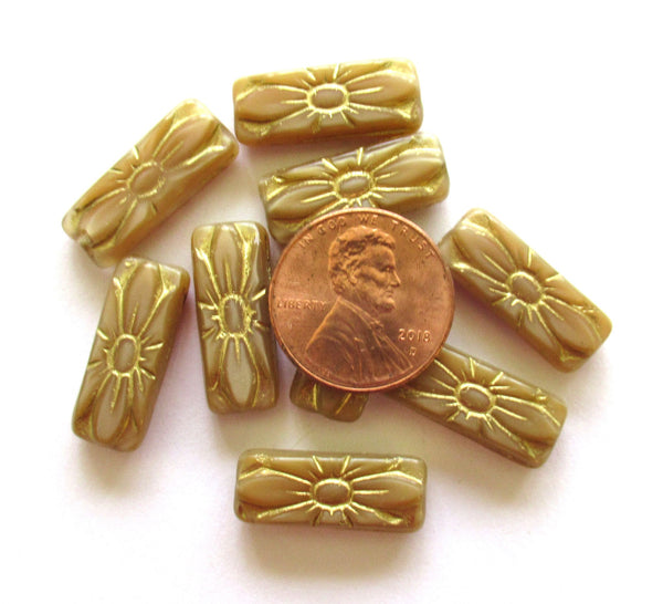 Five 20 x 8mm Czech glass beads - rectangular flower tube beads - rectangle beads - opaque beige with gold accents beads - C3801