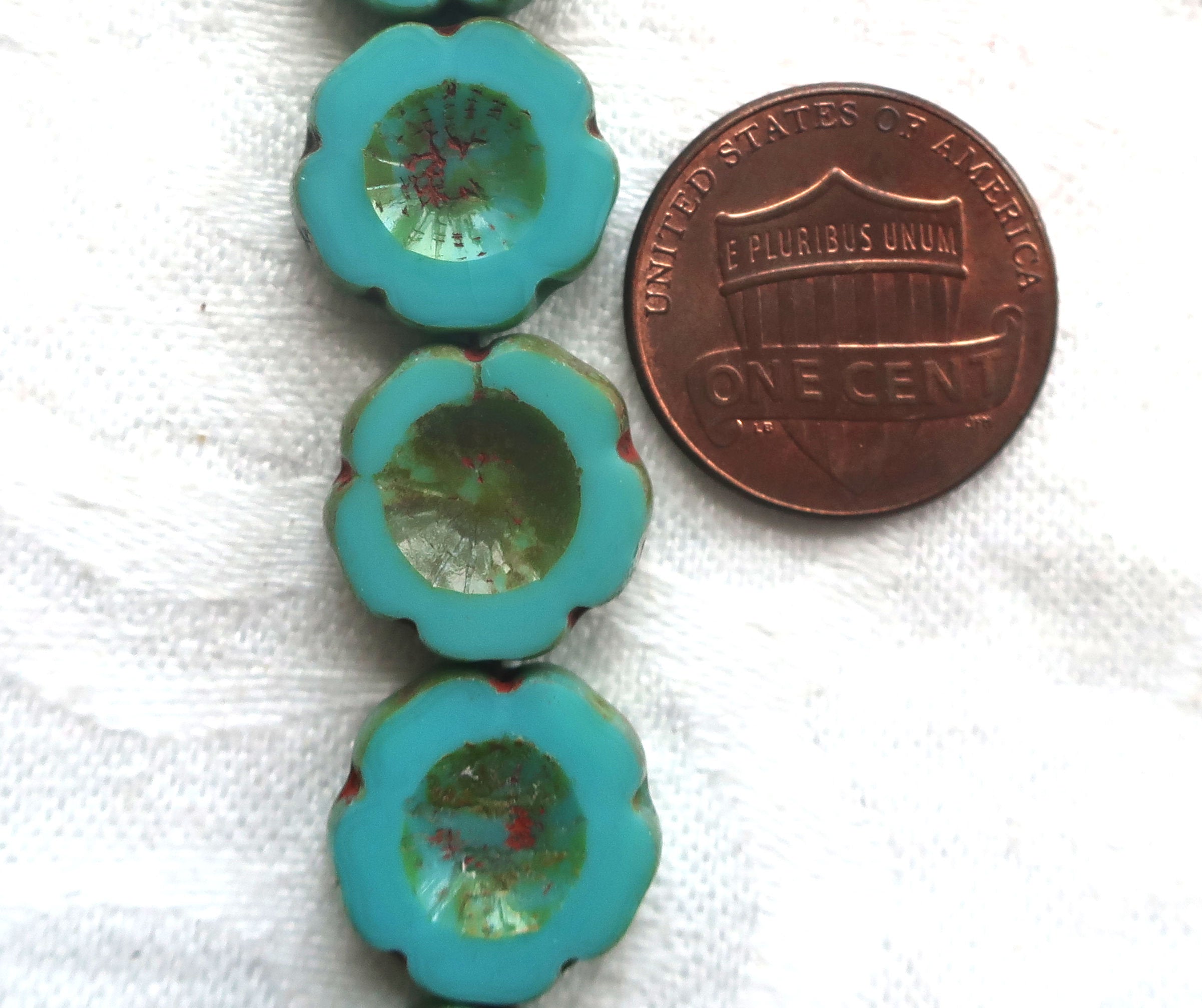 Six 14mm Czech glass flower beads, opaque turquouse blue green picasso, table cut, carved Hawaiian Flower beads C02106 - Glorious Glass Beads